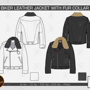May include: A technical drawing of a biker leather jacket with a fur collar. The jacket is shown in both black and white. The drawing includes details such as zippers, pockets, and a belt.