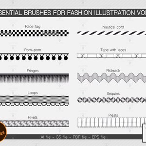10 Illustrator brushes for fashion illustration. Vectors. Race flag,nautical cord,pompom,laces,fringes,rickrack,loops,sequins,rivets,pleats.