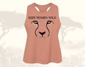 May include: A peach-colored tank top with a cheetah face graphic and the text "KEEP WOMEN WILD" printed on the front.