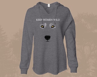 May include: Gray hooded sweatshirt with a wolf face graphic and the text "KEEP WOMEN WILD" printed on the front.