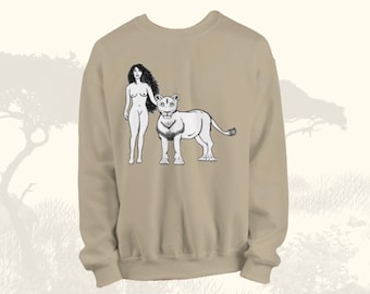 May include: A tan sweatshirt with a black and white illustration of a woman standing next to a lion.