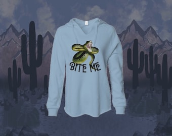 May include: Light blue hooded sweatshirt with a green snake graphic and the text "Bite Me".
