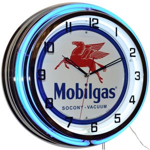 May include: A round Mobilgas neon clock with a chrome finish. The clock face is white with a blue border and features a red Pegasus logo and the Mobilgas name. The clock has a blue neon light around the face and black clock hands.