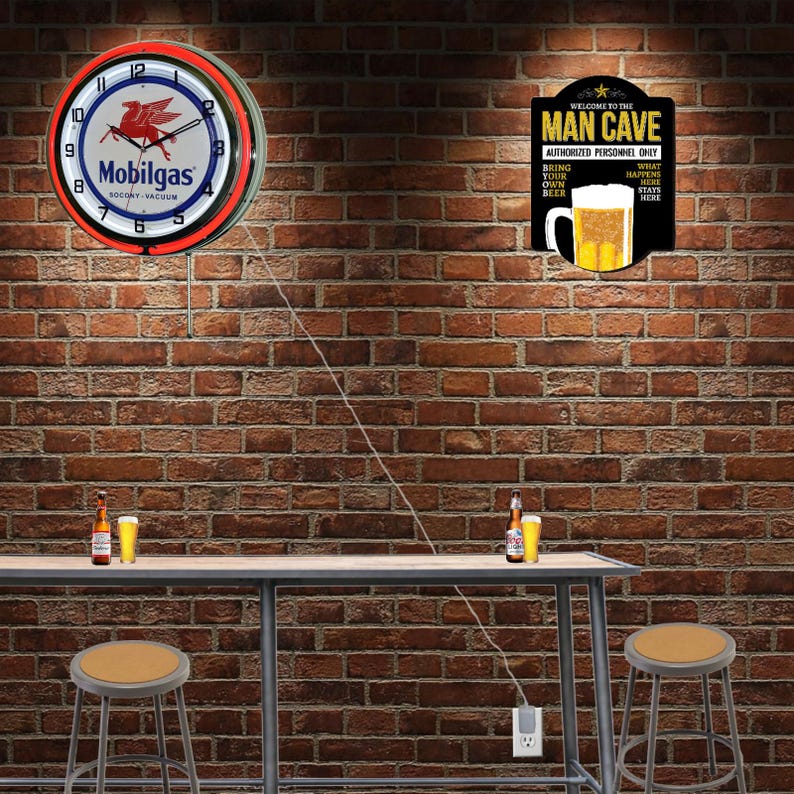Mobilgas Pegasus Metal Sign Double Neon Clock Garage Man Cave Decor (19 ...