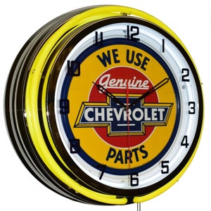 Letrero amarillo de neón doble con "Usamos piezas originales de Chevrolet", decoración para el garaje (19")