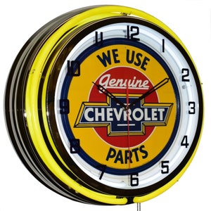 We Use Genuine Chevrolet Parts Sign Yellow Double Neon Clock Garage Man Cave Decor (19")