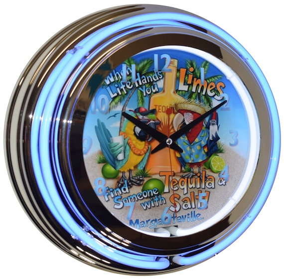 Tequila Margaritaville Parrots Blue Double Neon Bar Clock Man Etsy