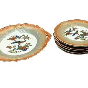 Bavaria Retsch Dessert Plates Serving Tray Vintage China Lusterware Bird Floral