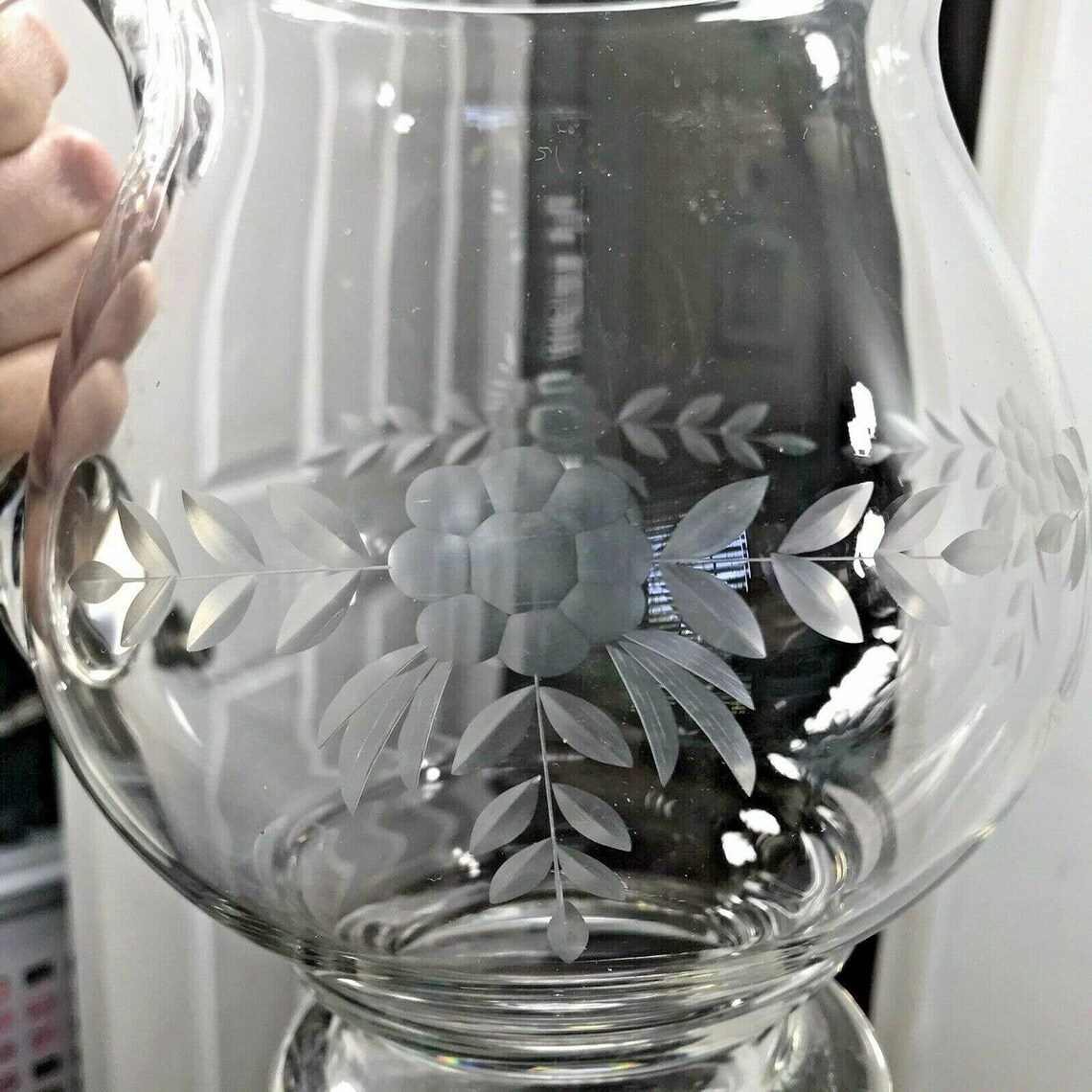 Clear Depression Glass Etched Flowers Round Water Pitcher Etsy Hong Kong