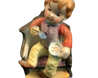 Vintage Little Boy Eating From Bowl Figurine Collectible Japan Shelf Decor