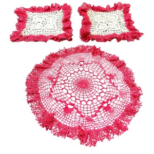 3 Vintage Crochet Doilies Pink White Table / Dresser Home Decor Square / Round