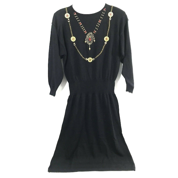 Vintage Maurada Black Sweater Dress Womens 2X Gold