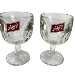 Two Vintage Schlitz Beer Pedestal Glasses Thumbprint Design Heavy Mancave Decor
