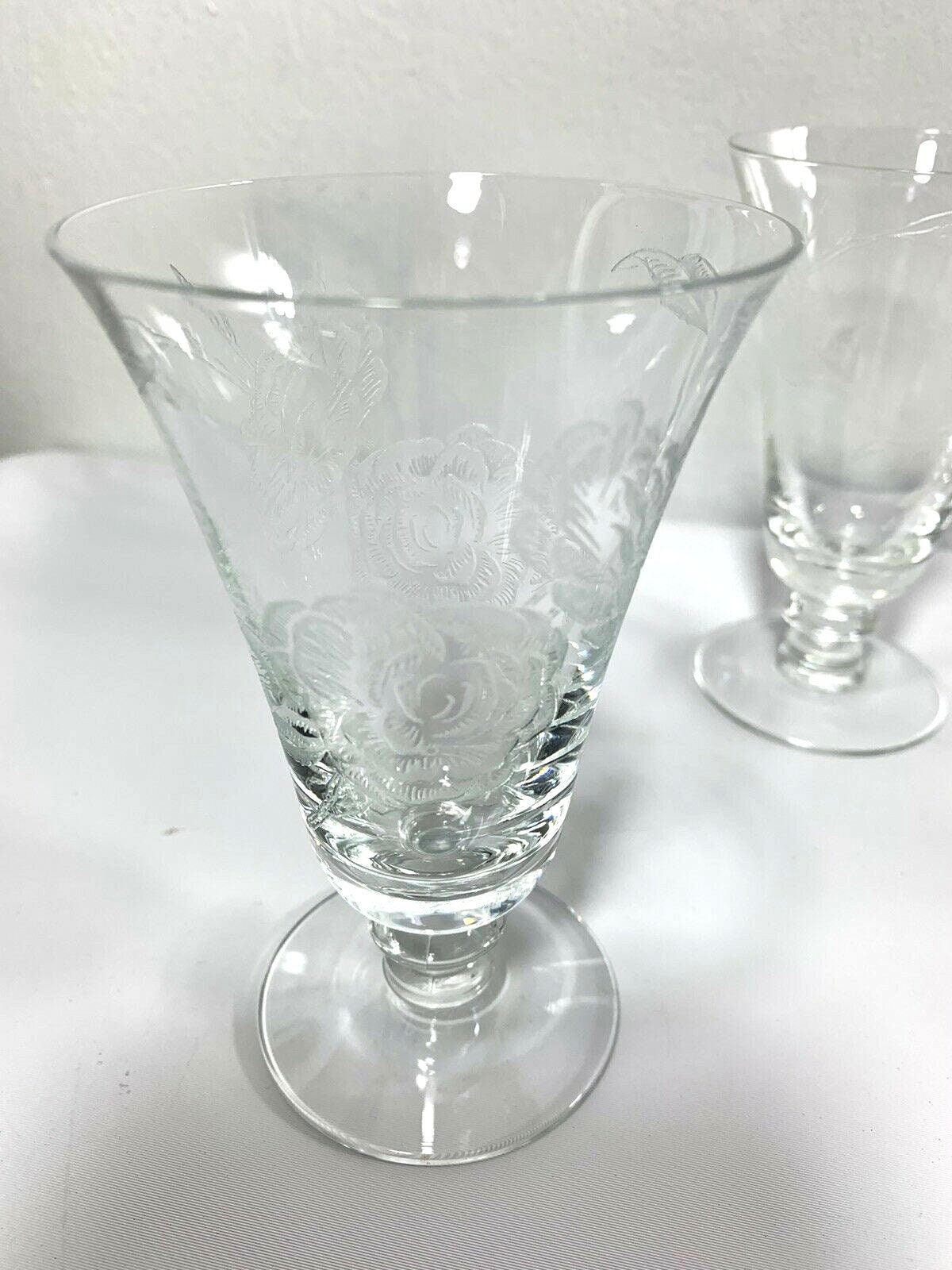 4 Marked Fostoria Camellia Rose Etch Wine Juice Goblet Glasses 4.75