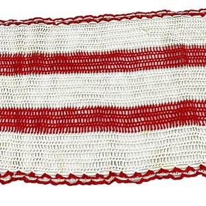 Vintage Hand Crochet Table Runner Dresser Scarf Red Beige Rectangle Doily