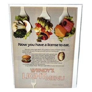 Vintage Print Ad 80&#39;s Wendys Light Menu Genuine Magazine Advertisement Ephemera