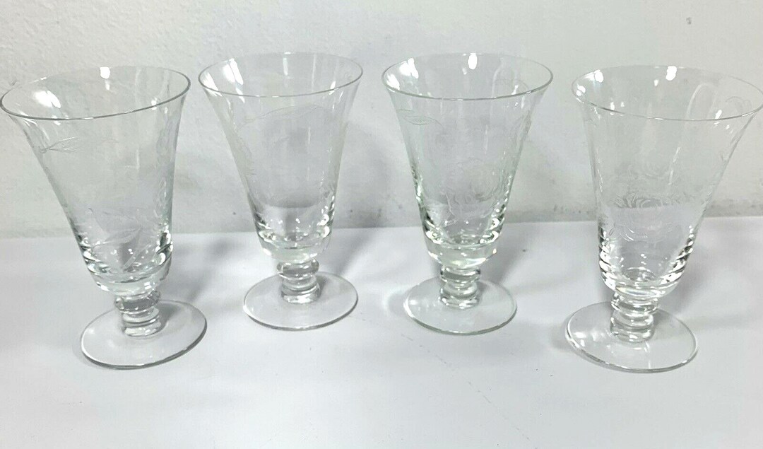 4 Marked Fostoria Camellia Rose Etch Wine Juice Goblet Glasses 4.75
