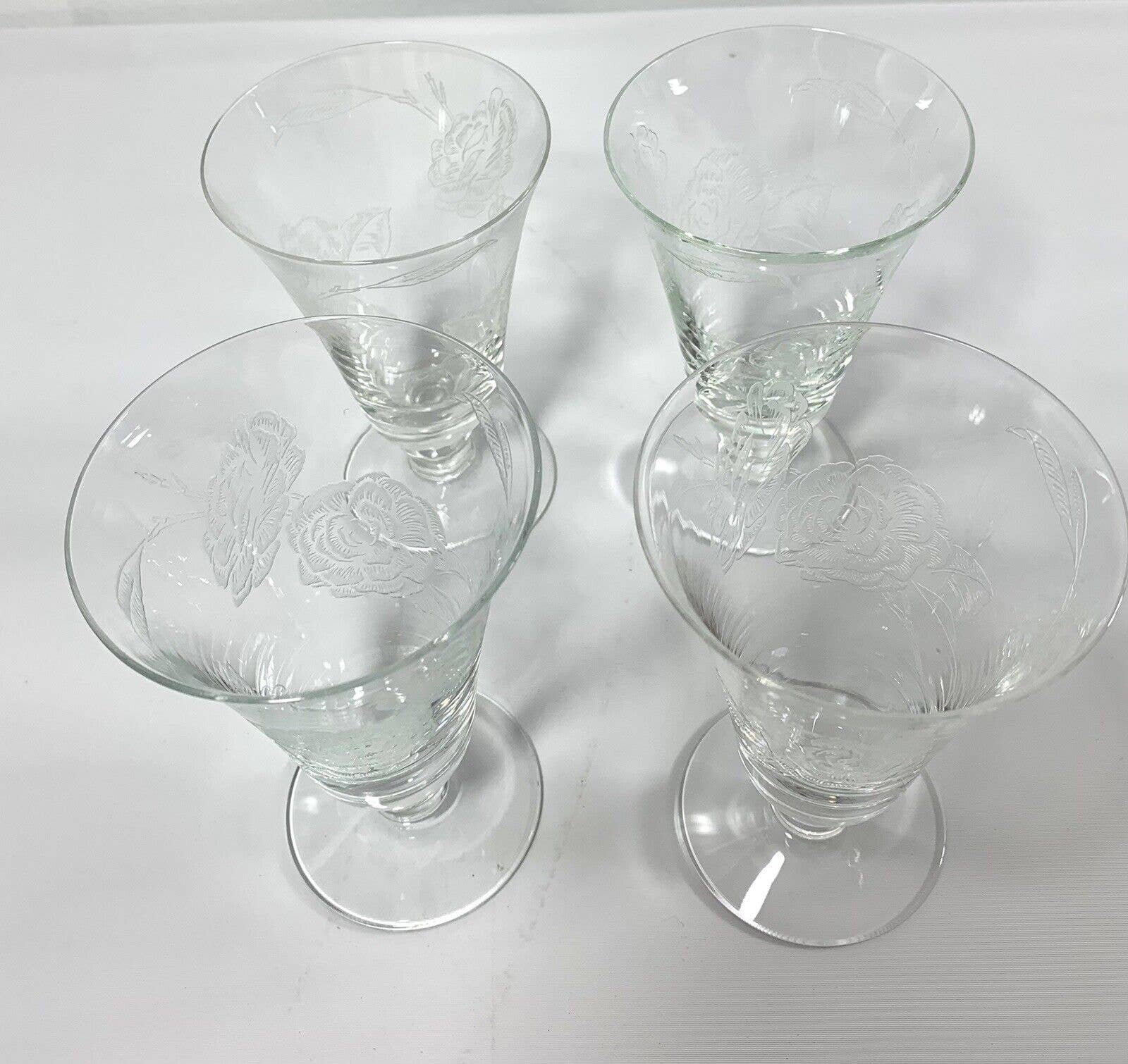 4 Marked Fostoria Camellia Rose Etch Wine Juice Goblet Glasses 4.75