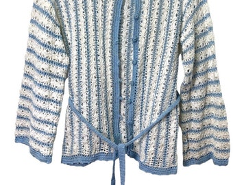 Vintage Banff Sweater Womens Large Belted Cardigan Crochet Mercerized Cotton