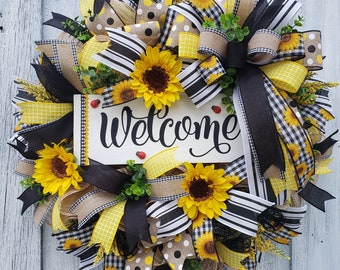 Summer Sunflower Welcome Wreath, Summer Welcome Wreath for Door, Sunflower Wreath, Sunflower Decor, Everyday Welcome Wreath