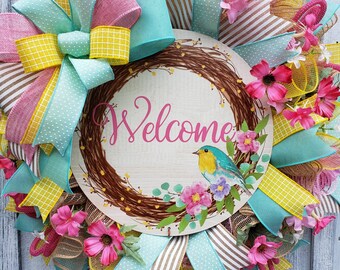 Spring Welcome Wreath, Spring Floral Wreath, Summer Welcome Wreath, Summer Floral Wreath, Everyday Wreath for Door