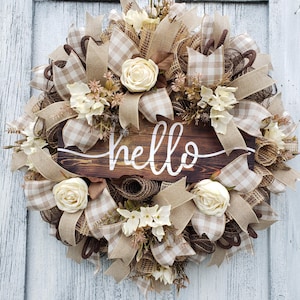 Hello Wreath: Burlap Floral Wreath for Front Door