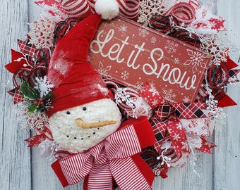 Winter Snowman Wreath, Christmas Wreath, Holiday Wreath for Door, Snowman Decor, Let it Snow Wreath