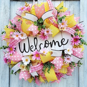 Spring Welcome Wreath: Pink & Yellow Floral, Eucalyptus Greenery