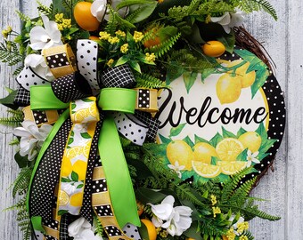 Lemon Grapevine Wreath, Summer Welcome Wreath for Door, Spring Grapevine Wreath, Lemon Decor, Floral Grapevine Wreath