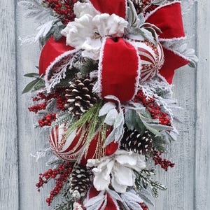 Red and White Christmas Swag: Candy Cane Holiday Door Decor
