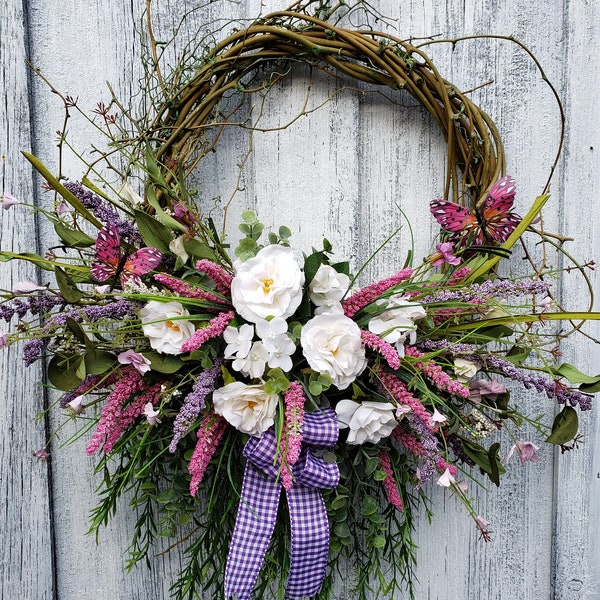 Spring Grapevine Wreath, Summer Floral Wreath, Wildflower Wreath, Mother's Day Gift, Purple Flower Wreath, Front Door Floral Wreath
