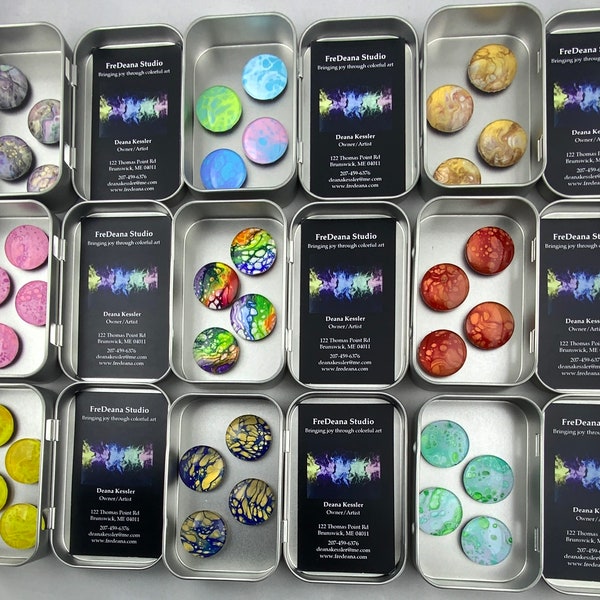 Set of 4 - 1" Round Glass Magnets Acrylic Paint Pouring in Tin Case