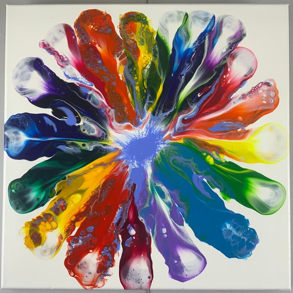 14"x14" Rainbow Fireworks Acrylic Paint Pour Painting