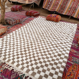 Checkered Beige Rug, Tribal Area Rug, Woven Rug, Pale Brown Rug, Custom Moroccan Rug, Living Room Decor, Wool Rug, Beige Checkered Rug image 3