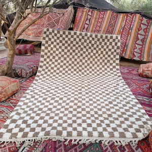 Checkered Beige Rug, Tribal Area Rug, Woven Rug, Pale Brown Rug, Custom Moroccan Rug, Living Room Decor, Wool Rug, Beige Checkered Rug image 1