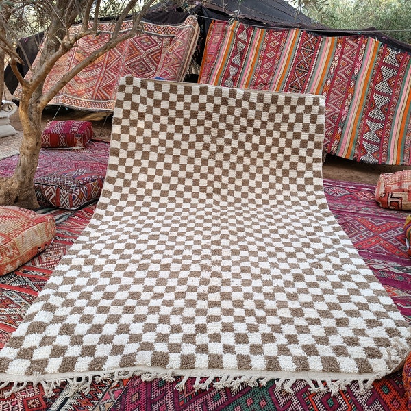 Checkered Beige Rug, Tribal Area Rug, Woven Rug, Pale Brown Rug, Custom Moroccan Rug, Living Room Decor, Wool Rug, Beige Checkered Rug