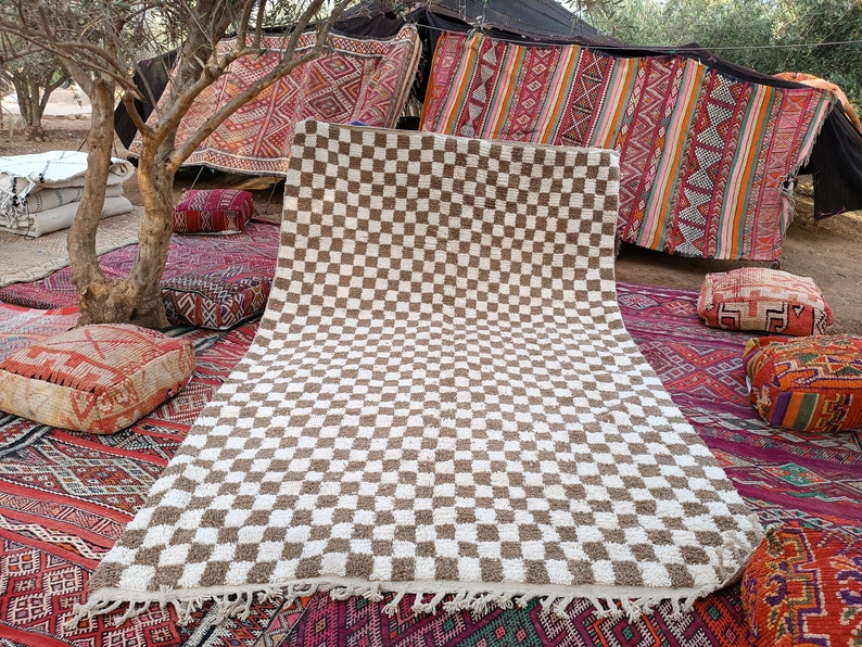 Checkered Beige Rug, Tribal Area Rug, Woven Rug, Pale Brown Rug, Custom Moroccan Rug, Living Room Decor, Wool Rug, Beige Checkered Rug image 1