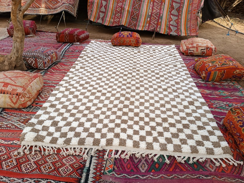 Checkered Beige Rug, Tribal Area Rug, Woven Rug, Pale Brown Rug, Custom Moroccan Rug, Living Room Decor, Wool Rug, Beige Checkered Rug image 2