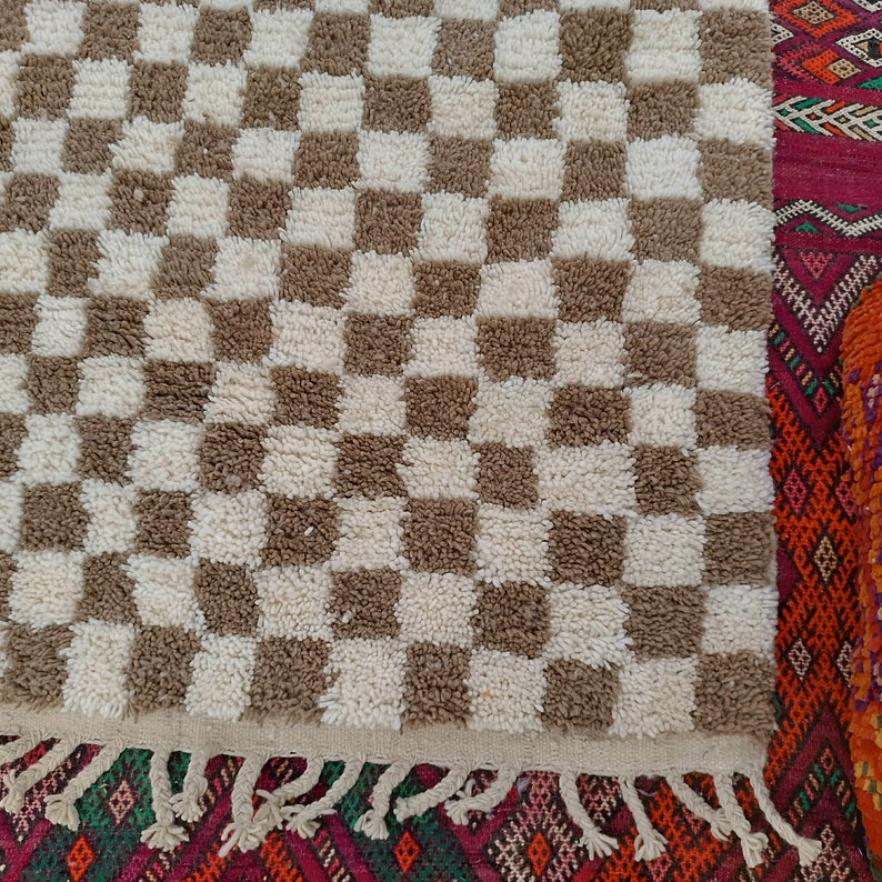Checkered Beige Rug, Tribal Area Rug, Woven Rug, Pale Brown Rug, Custom Moroccan Rug, Living Room Decor, Wool Rug, Beige Checkered Rug image 4