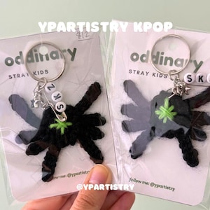 May include: Two keychains featuring a black spider design with a green center, attached to a silver keyring. The keychains are packaged on a white card with the text "oddinary STRAY KIDS" and "SKZ". The keychains are held in a person's hand.
