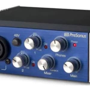 May include: A blue and silver PreSonus AudioBox USB audio interface with two XLR inputs, two knobs per channel, a 48V phantom power switch, and a headphone jack.