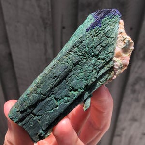 May include: A natural mineral specimen featuring a striking combination of colors. The main body displays a textured, dark teal hue, transitioning to a deep blue at the tip. A section of light pinkish-beige rock is attached.
