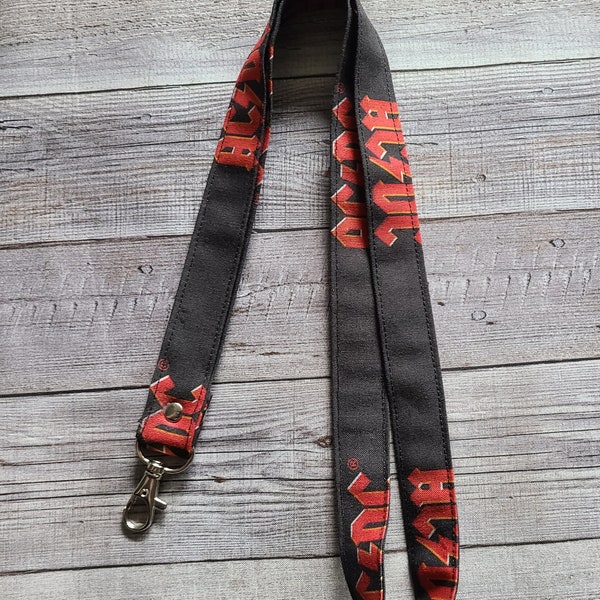 Rock Band Fabric Lanyard ~ Black with Red Fabric Keychain  ~ Rock N Roll Band ID Work Badge Holder ~ Classic Rock Fabric Lanyard Key Card