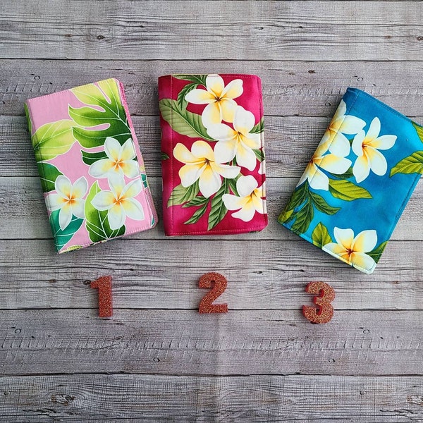 Travel Notebook Cover ~ Hawaiian Fabric Memo and Pen Pouch ~ Fabric Book Cover ~ Tropical Hawaii Cotton Note Pad ~ Grocery List Plumeria