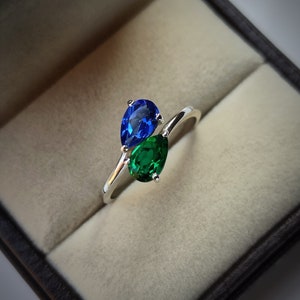 emerald and Sapphire two stone ring / pear cut emerald and blue Sapphire ring /925 sterling silver ring /promise ring /birthday gift for her