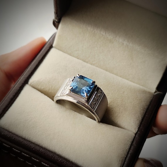 Bague pour homme aigue-marine/ aigue-marine taille émeraude/ bague - Main Image