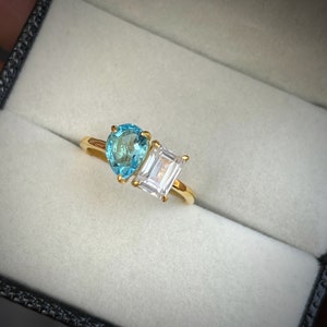 Aquamarine and moissanite Two Stone Ring/ Engagement Ring/ pear cut aquamarine/ promise ring/ toi et moi Ring/ proposal ring /gift for her