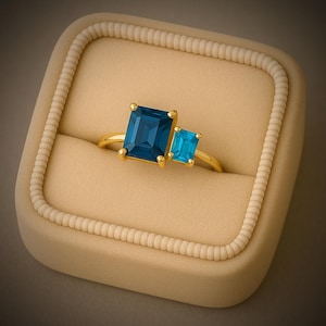 London blue topaz and blue topaz two stone ring/ toi et moi ring /emerald cut topaz/ 925 sterling silver ring /promise ring/ gift for her