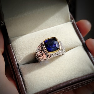 Blue Sapphire Ring for men, 925 Sterling Silver, September Birthstone, cushion cut blue sapphire, men&#39;s promise ring, birthday gift for him