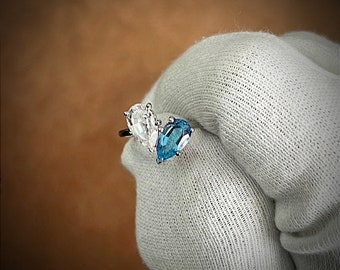 Blue topaz and moissanite two stone ring/ toi et moi ring /pear cut blue topaz ring/ 925 sterling silver ring /promise ring/ gift for her